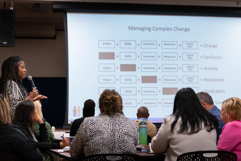 A Black woman with braids speaks into a microphone to address a group of seated adults who are facing a projection screen bearing a chart with the title Managing Complex Change.